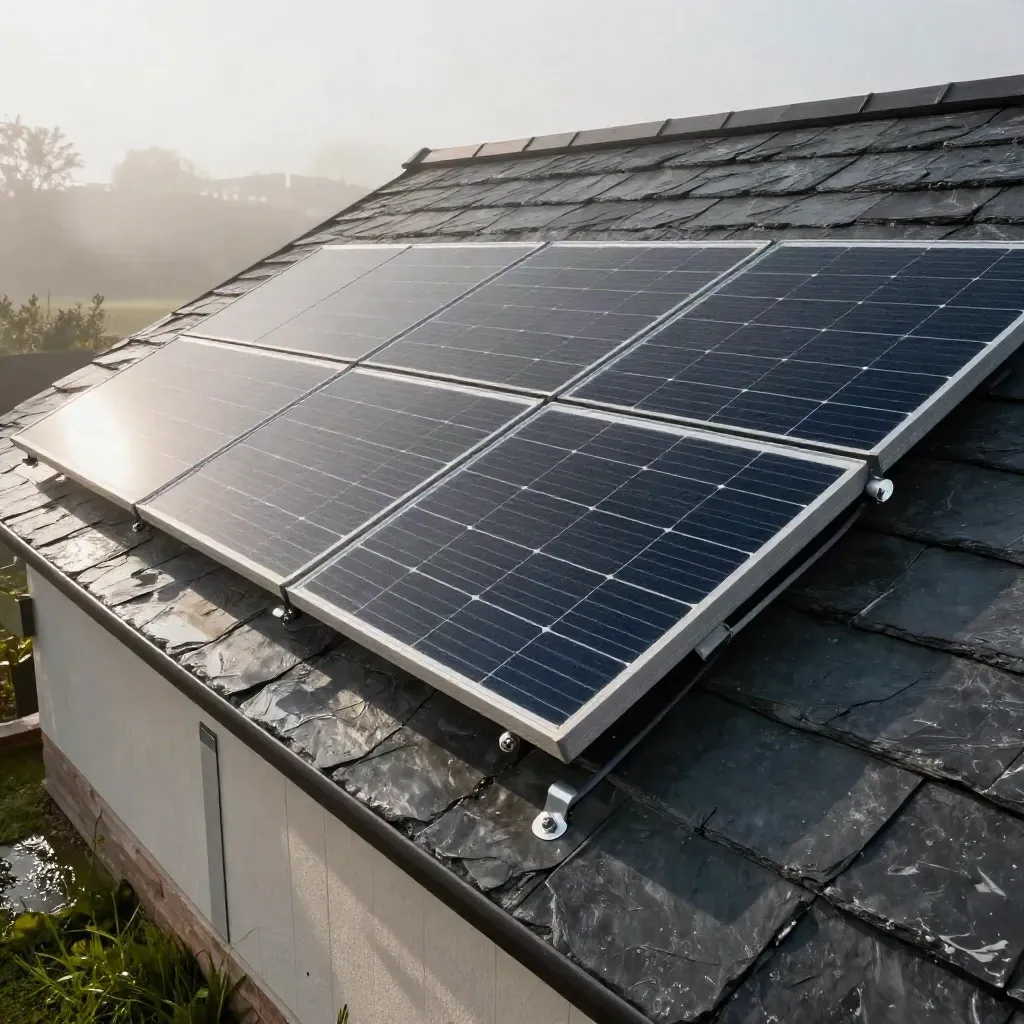 Solar panels on a slate roof with a battery cupboard below the eaves in morning mist.