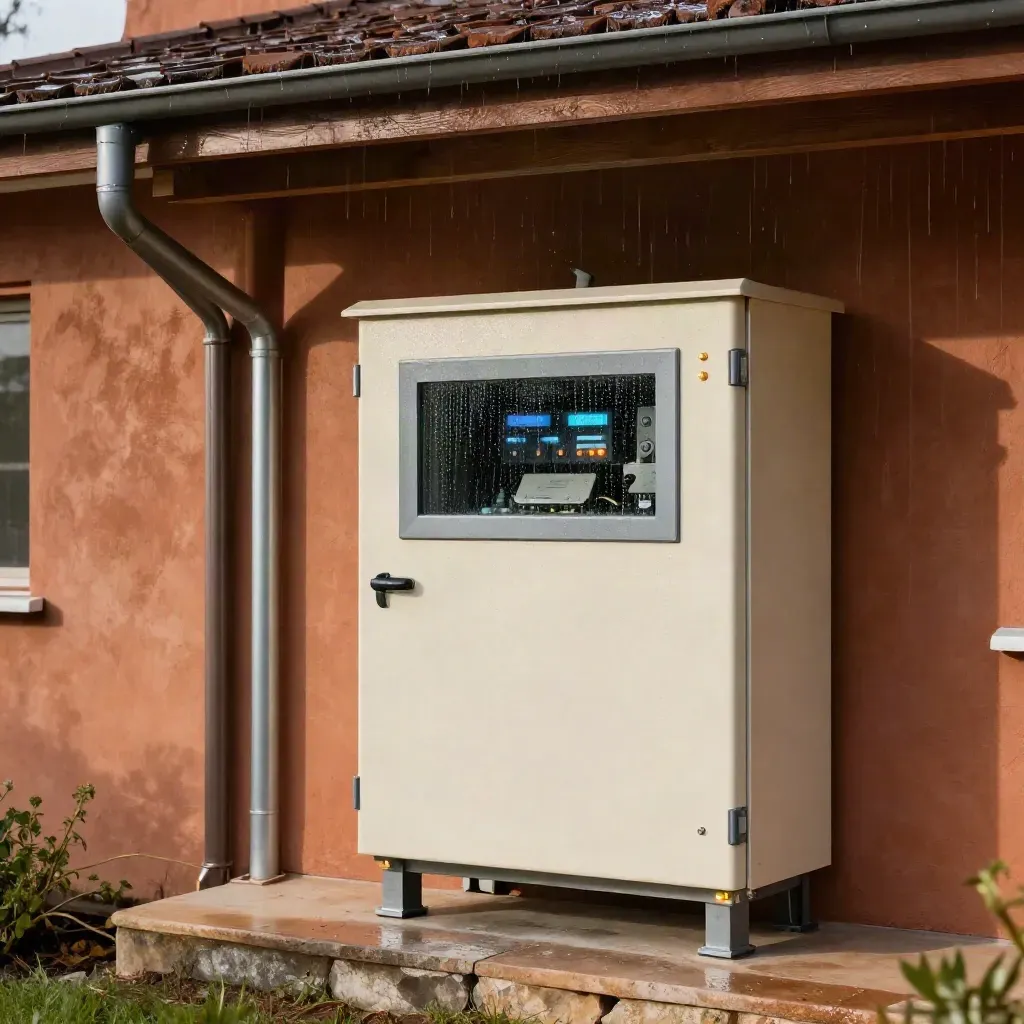 Rain-speckled monitoring gateway and inverter lights under a porch, steady and glowing