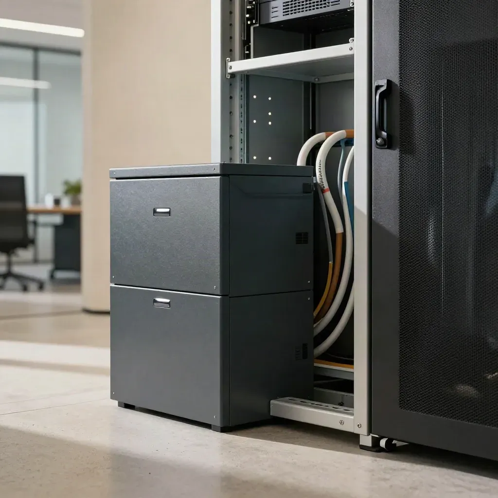 Battery stack beside a server rack in a modern office utility room, lights steady during a mains dip.