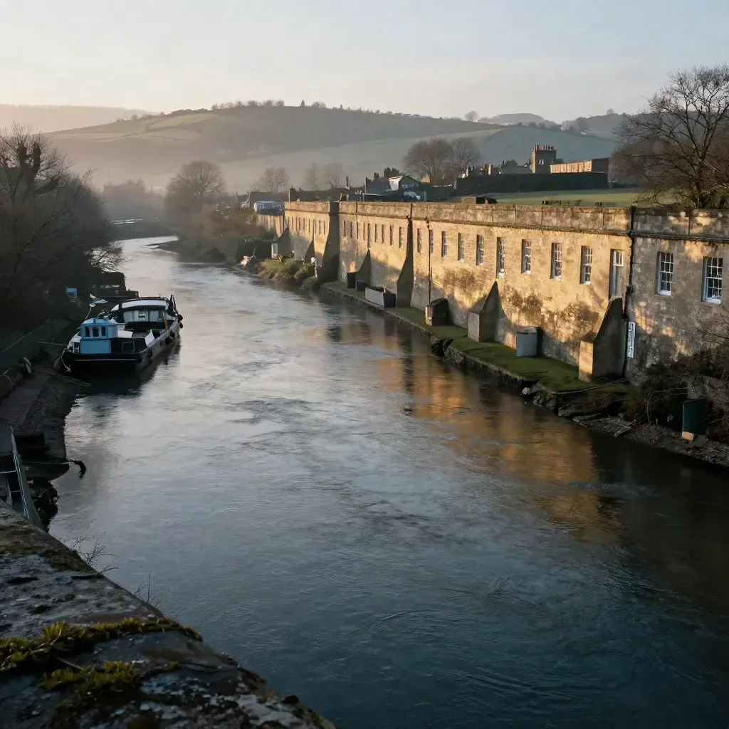 Bath limestone ridge above a misty river at sunset, with calm open foreground for copy.