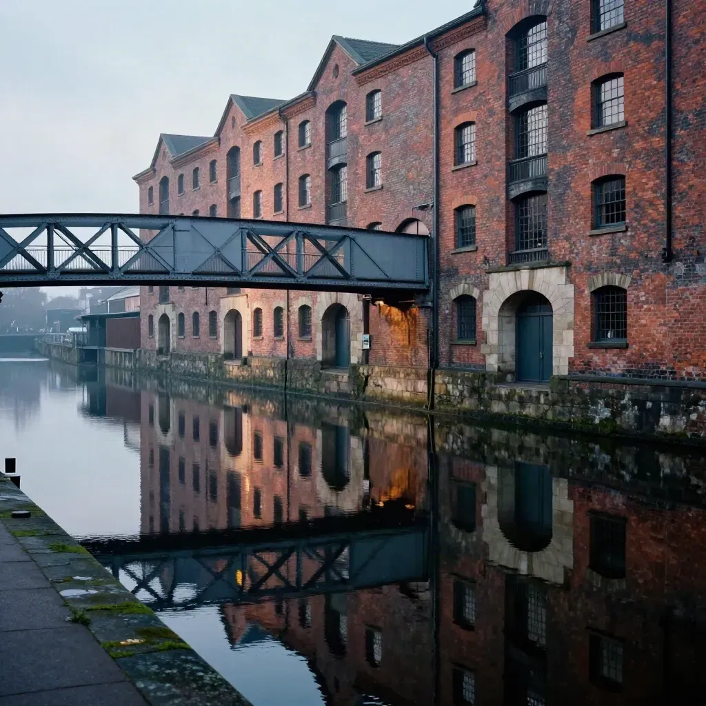 Birmingham canal warehouses and steel bridges above calm blue-hour water